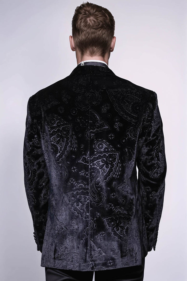 Blazer de terciopelo negro con estampado floral para hombre para fiesta de graduación - Wessi