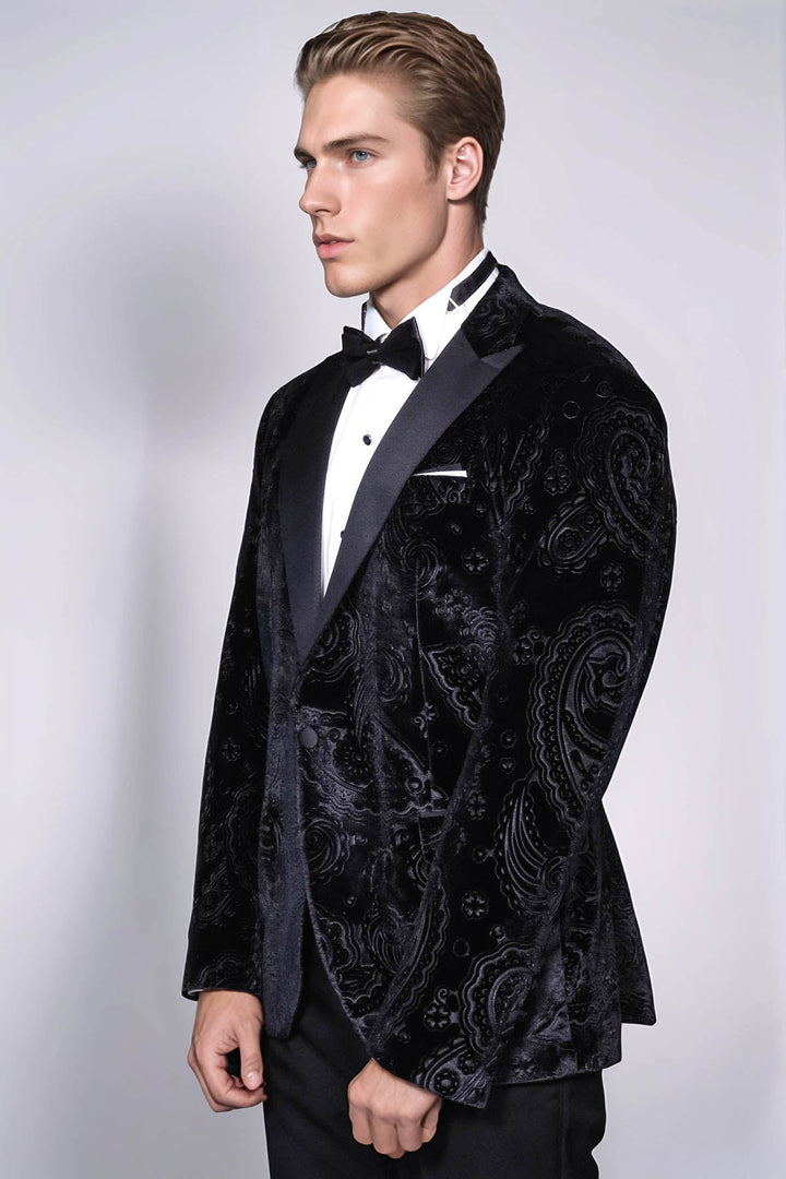 Blazer de terciopelo negro con estampado floral para hombre para fiesta de graduación - Wessi
