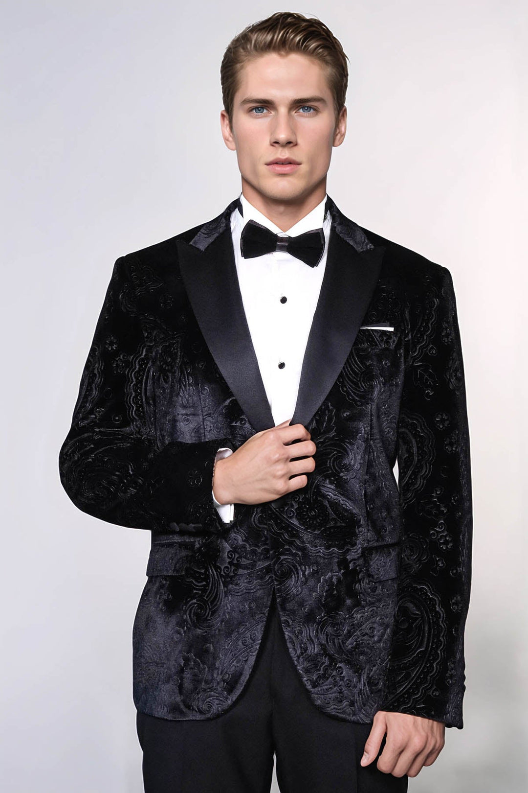 Blazer de terciopelo negro con estampado floral para hombre para fiesta de graduación - Wessi
