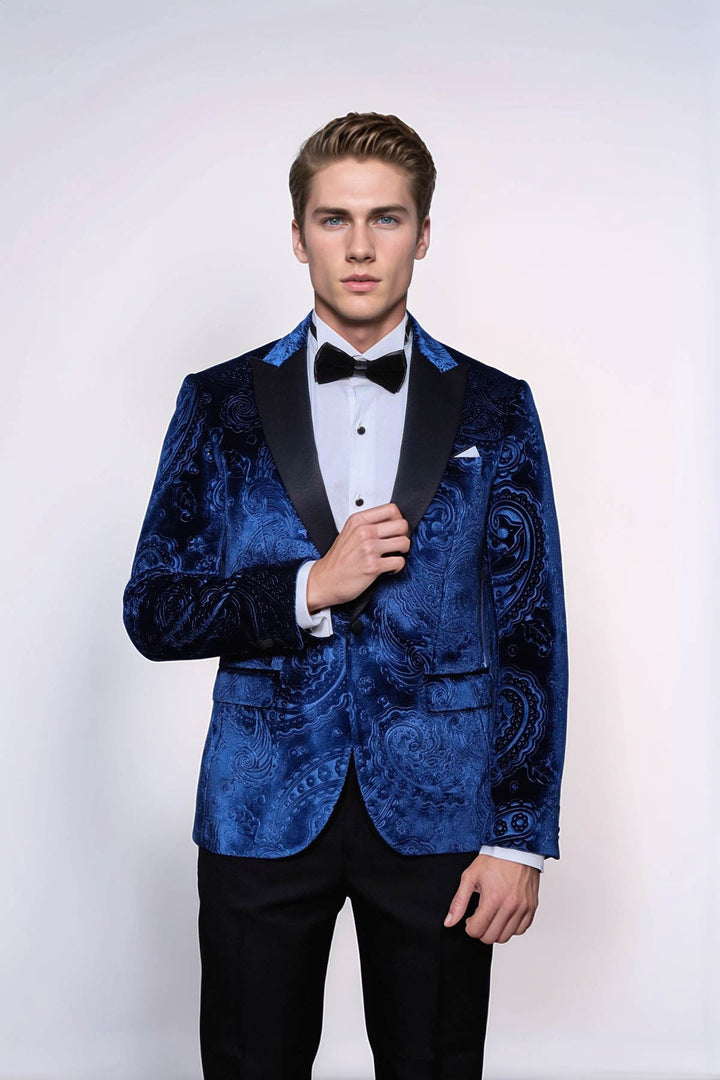 Blazer de fiesta para hombre de terciopelo azul marino con estampado floral - Wessi