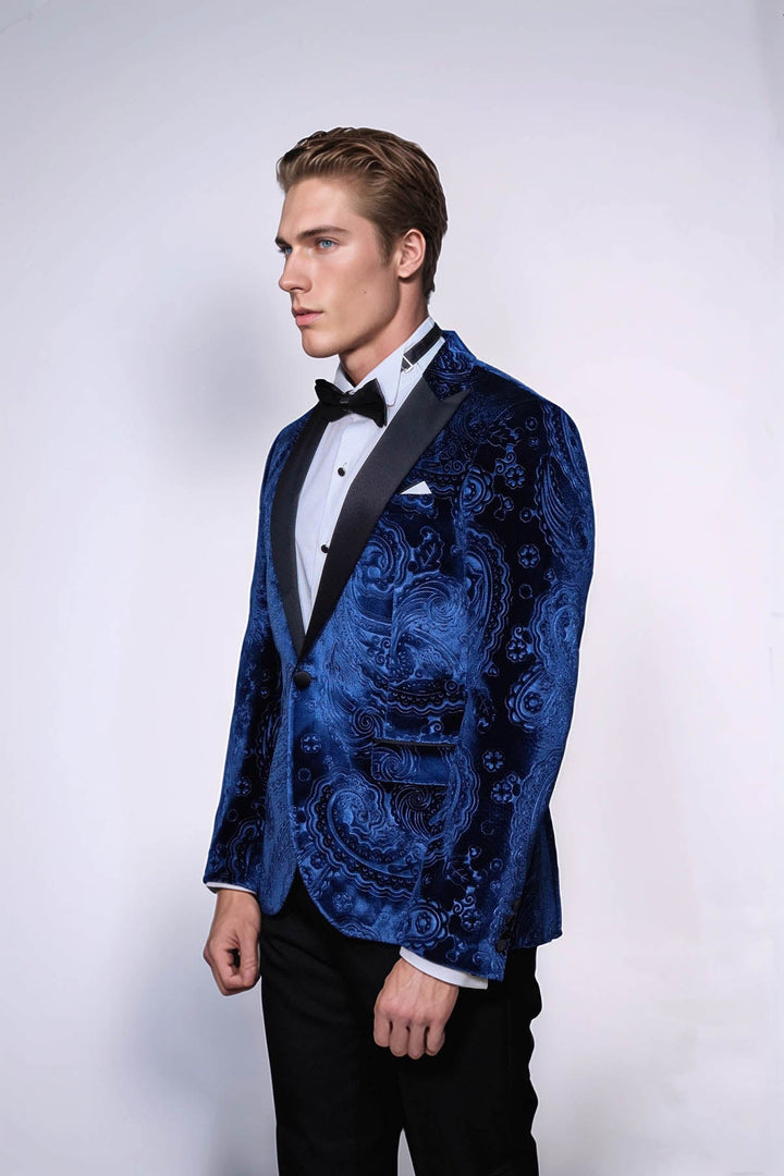Blazer de fiesta para hombre de terciopelo azul marino con estampado floral - Wessi