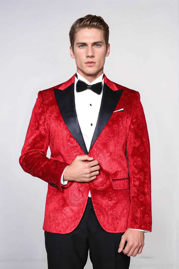 Blazer de fiesta para hombre en terciopelo burdeos con estampado floral - Wessi