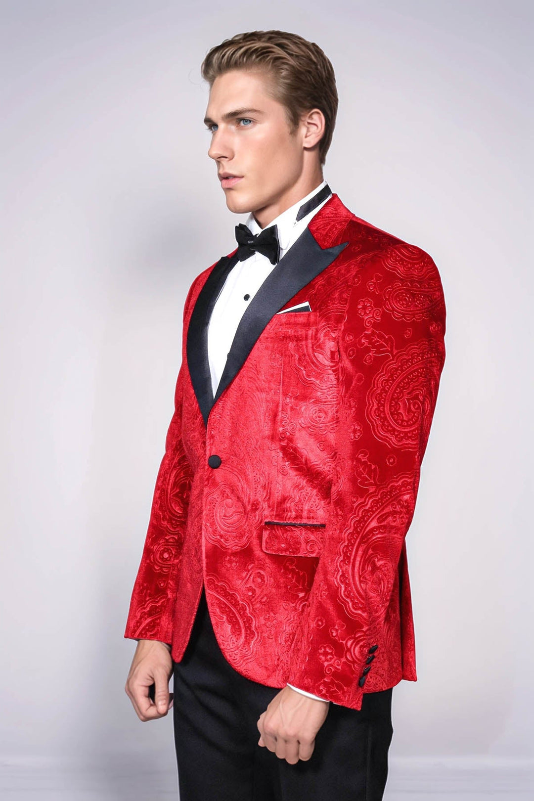 Blazer de fiesta para hombre en terciopelo burdeos con estampado floral - Wessi
