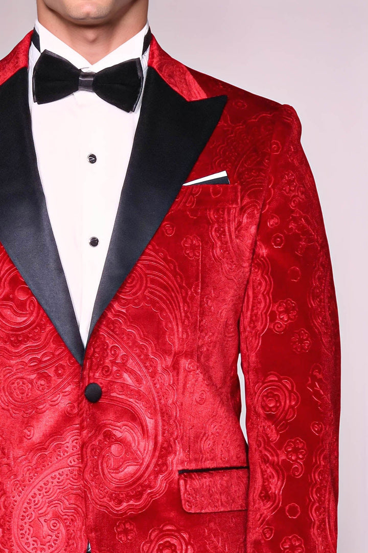 Blazer de fiesta para hombre en terciopelo burdeos con estampado floral - Wessi