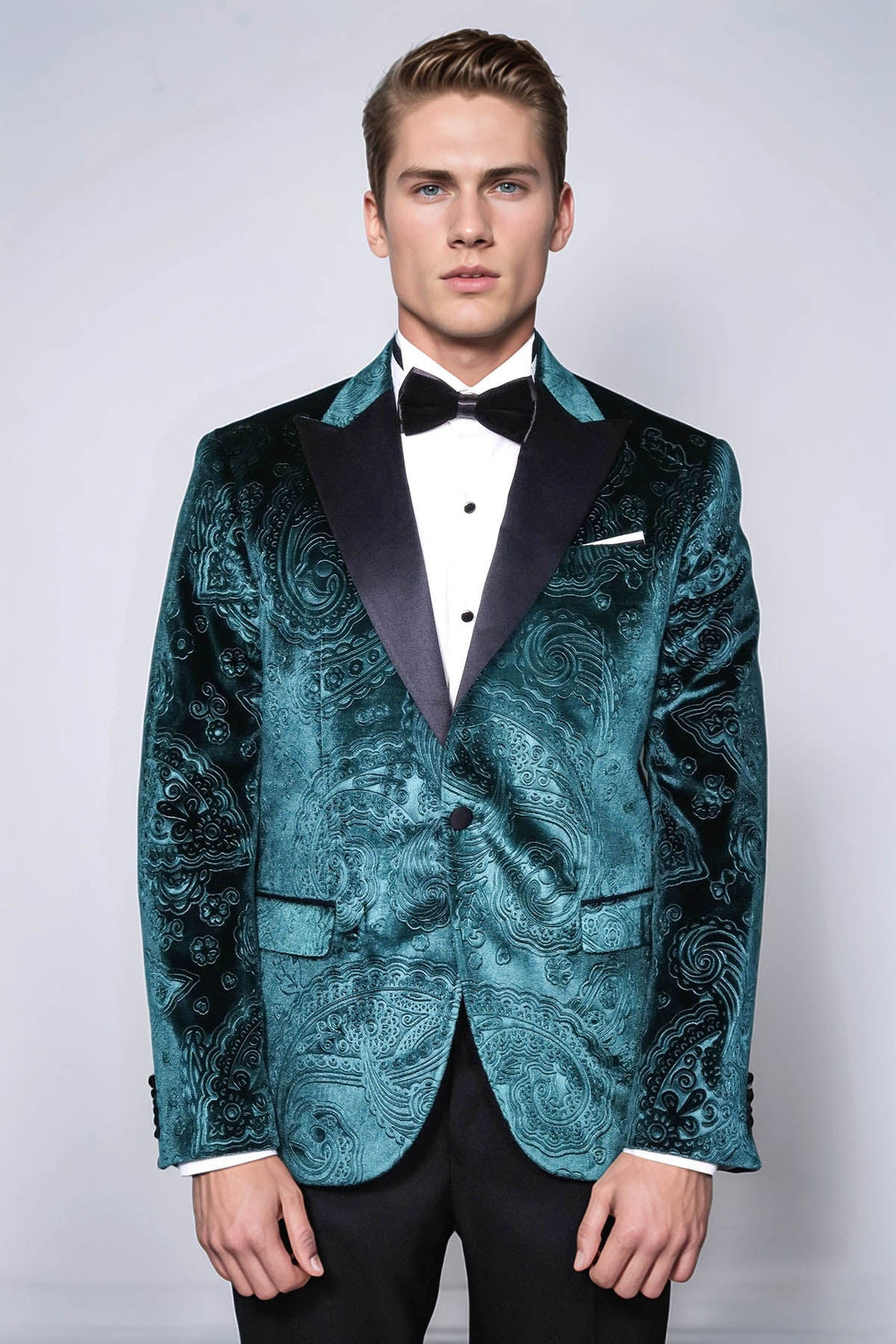 Blazer de fiesta para hombre de terciopelo verde con estampado floral - Wessi