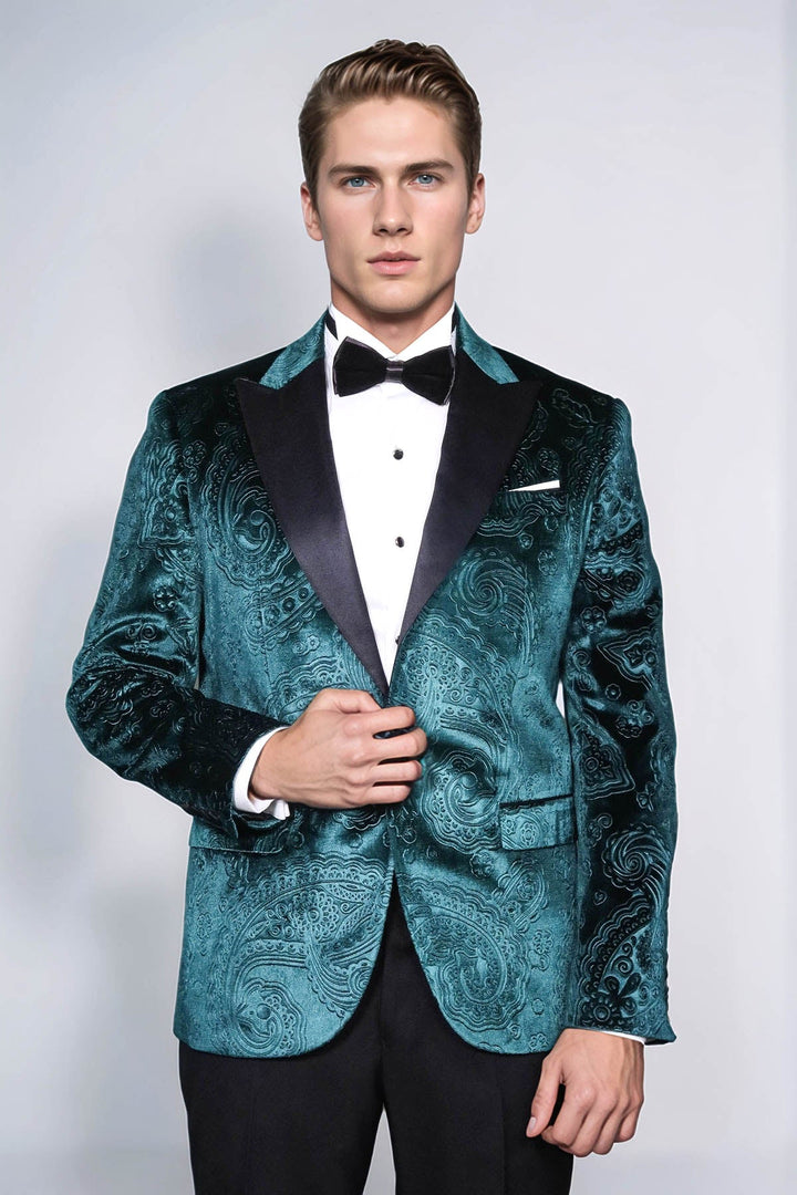 Blazer de fiesta para hombre de terciopelo verde con estampado floral - Wessi