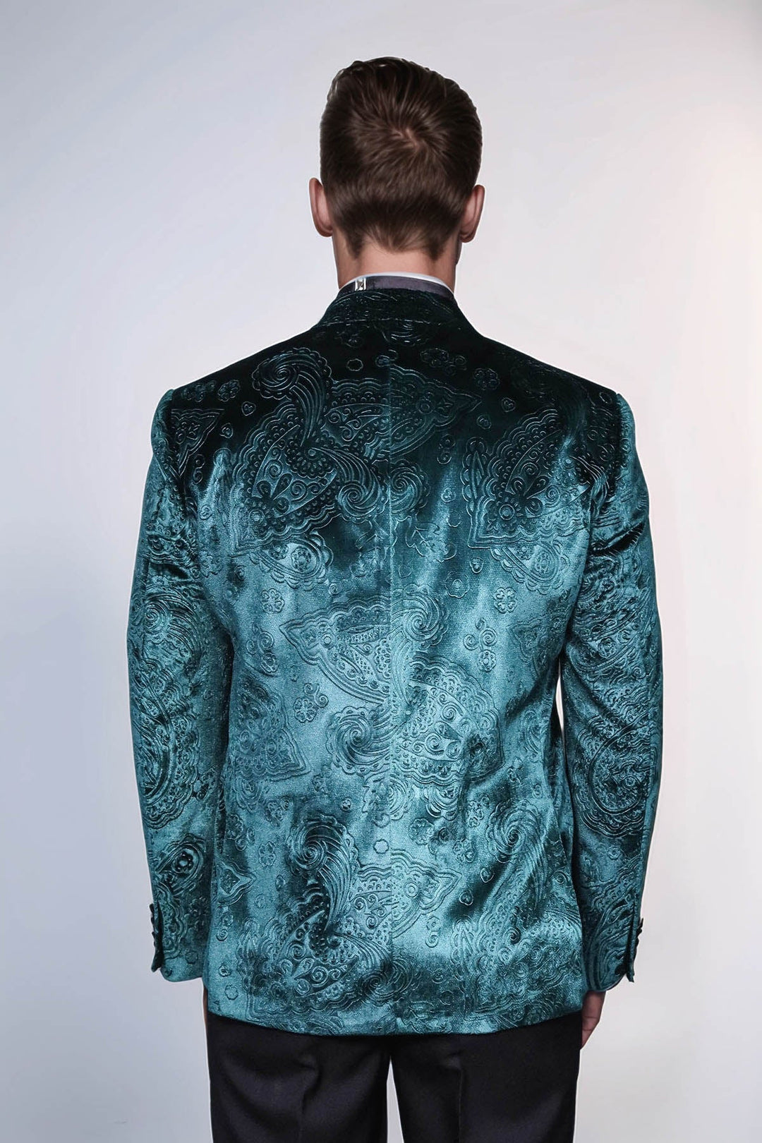 Blazer de fiesta para hombre de terciopelo verde con estampado floral - Wessi