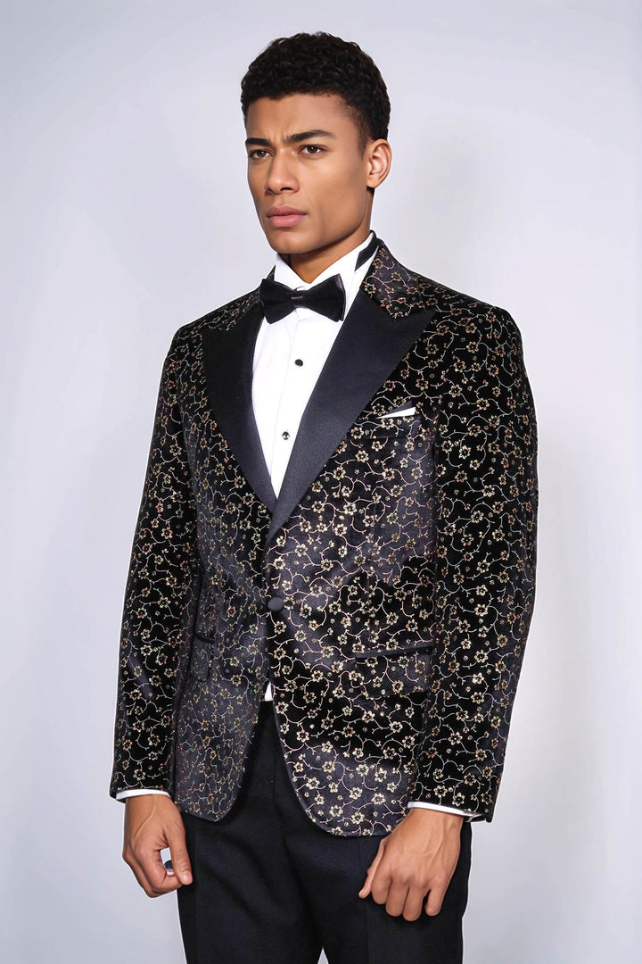 Tiny Flower Pattern Black Men Prom Blazer - Wessi