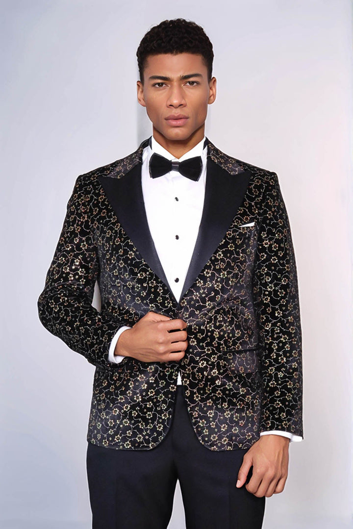 Tiny Flower Pattern Black Men Prom Blazer - Wessi