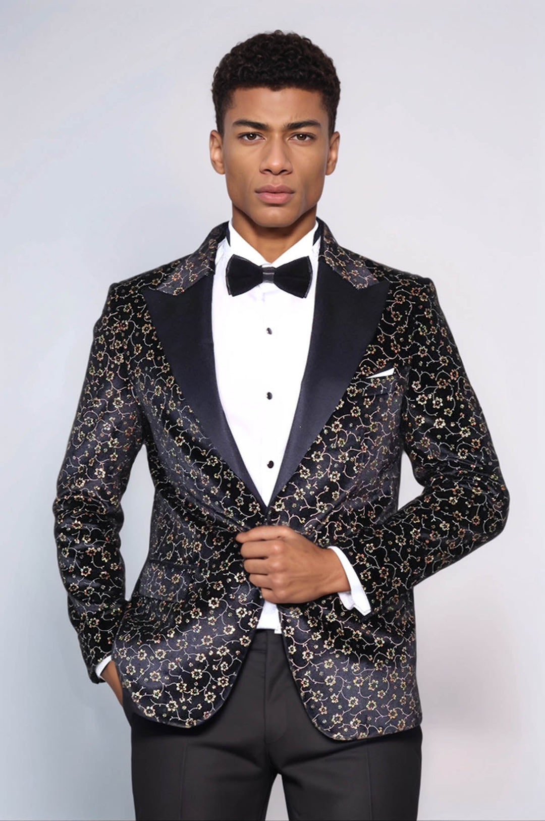 Tiny Flower Pattern Black Men Prom Blazer - Wessi