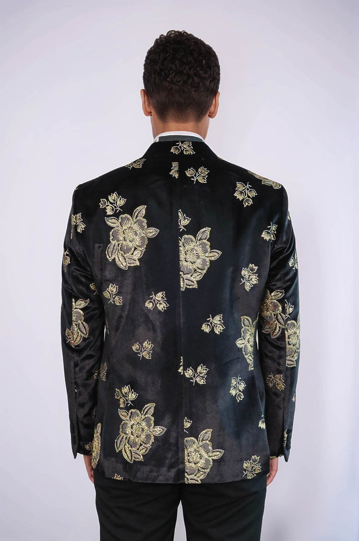 Gold Floral Patterned Shiny Black Men Prom Blazer - Wessi