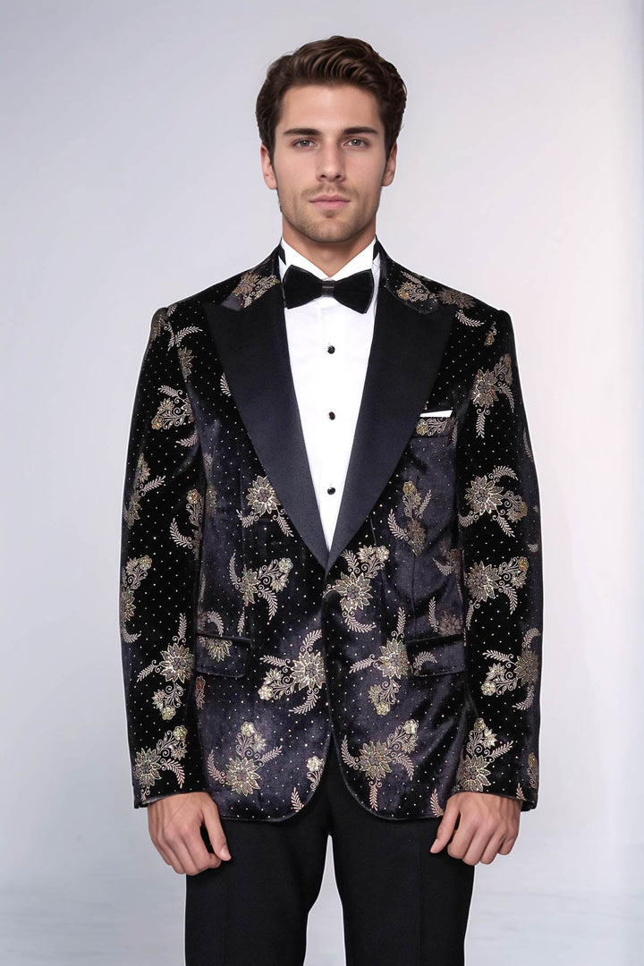 Blazer de terciopelo negro con estampado floral y lunares para hombre - Wessi