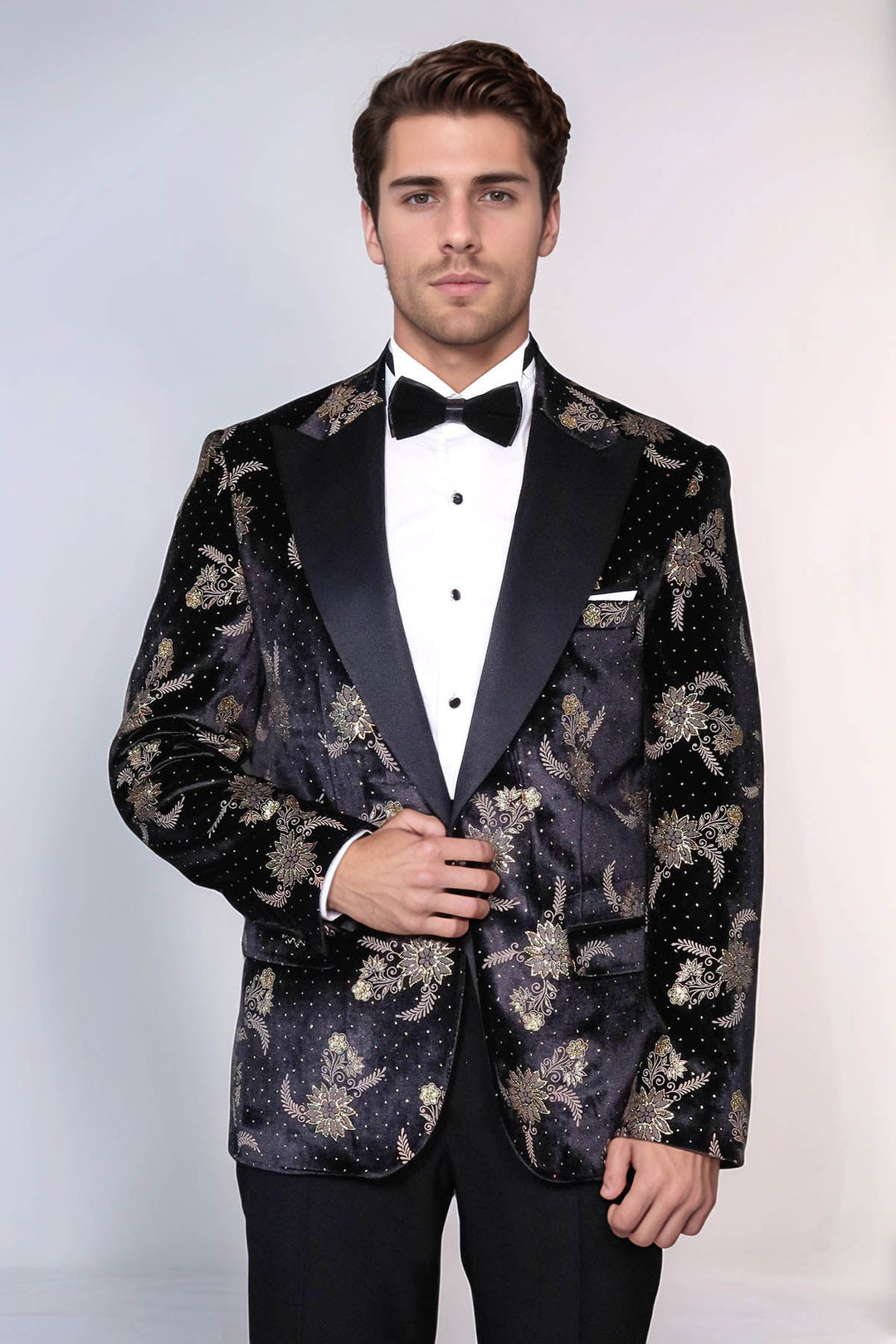Blazer de terciopelo negro con estampado floral y lunares para hombre - Wessi