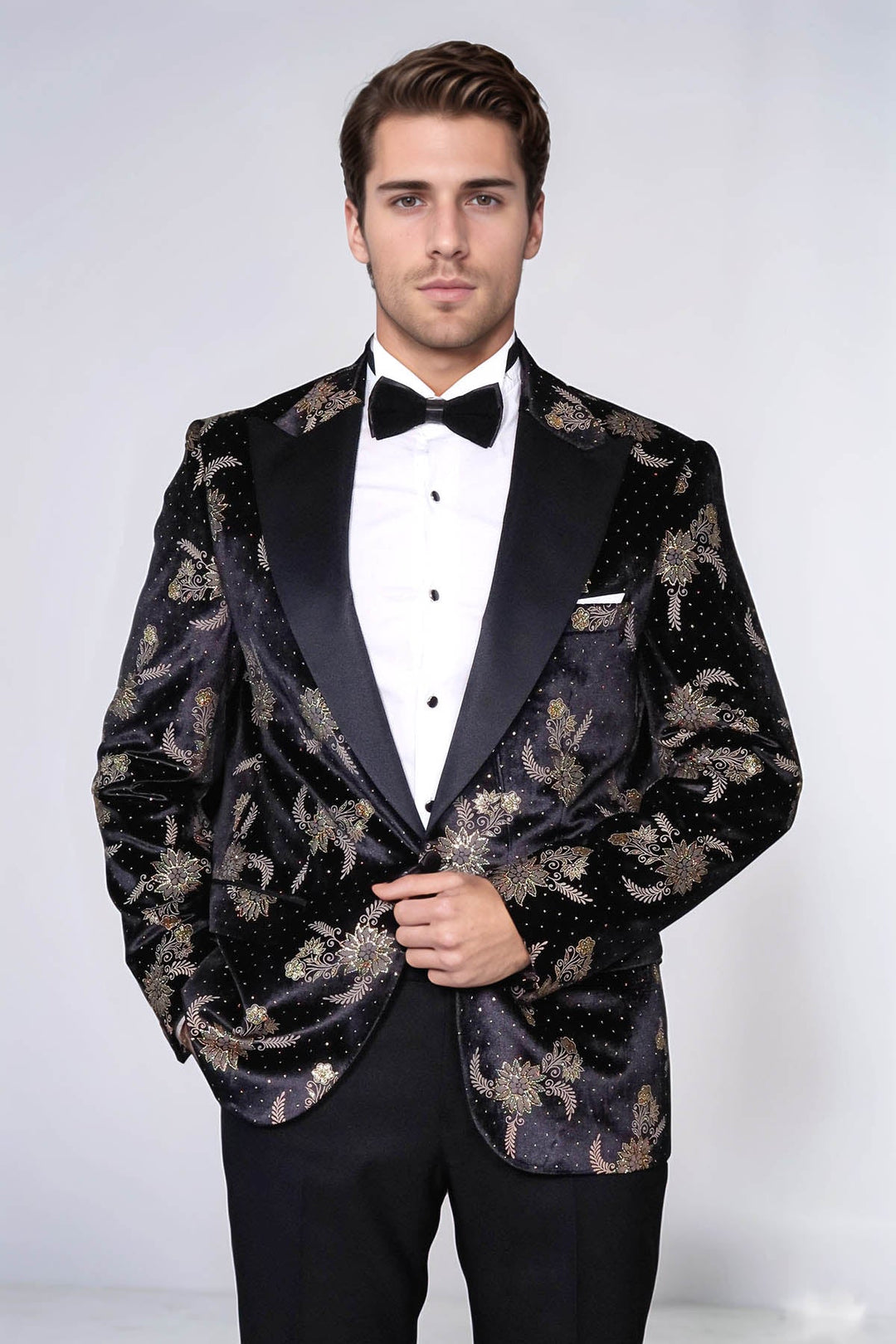 Blazer de terciopelo negro con estampado floral y lunares para hombre - Wessi