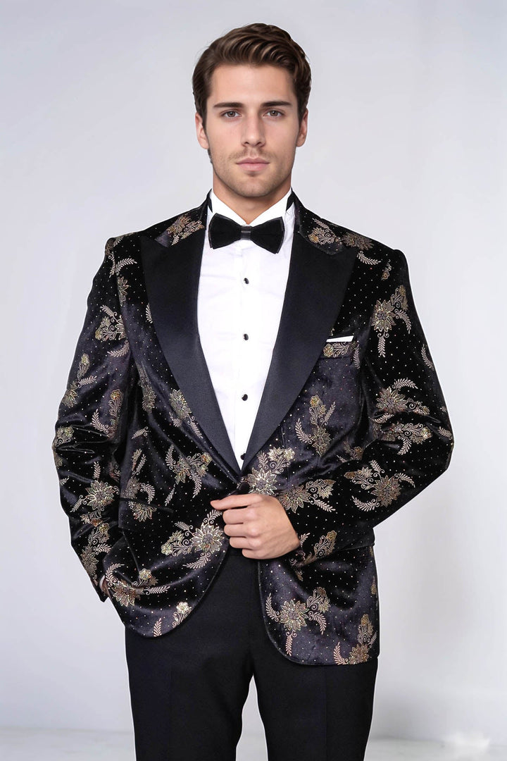 Blazer de terciopelo negro con estampado floral y lunares para hombre - Wessi