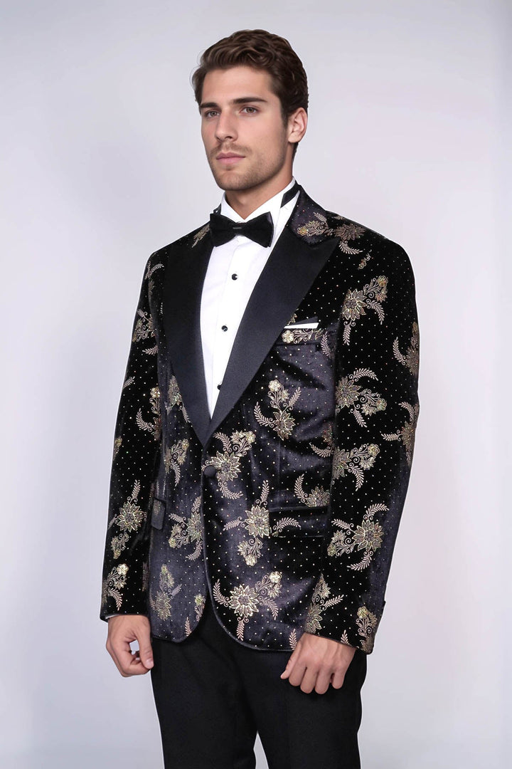 Blazer de terciopelo negro con estampado floral y lunares para hombre - Wessi
