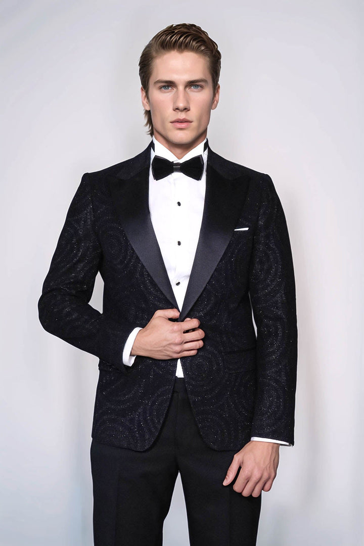 Hypnose Pattern Peak Lapel Slim Fit Black Men Prom Blazer - Wessi