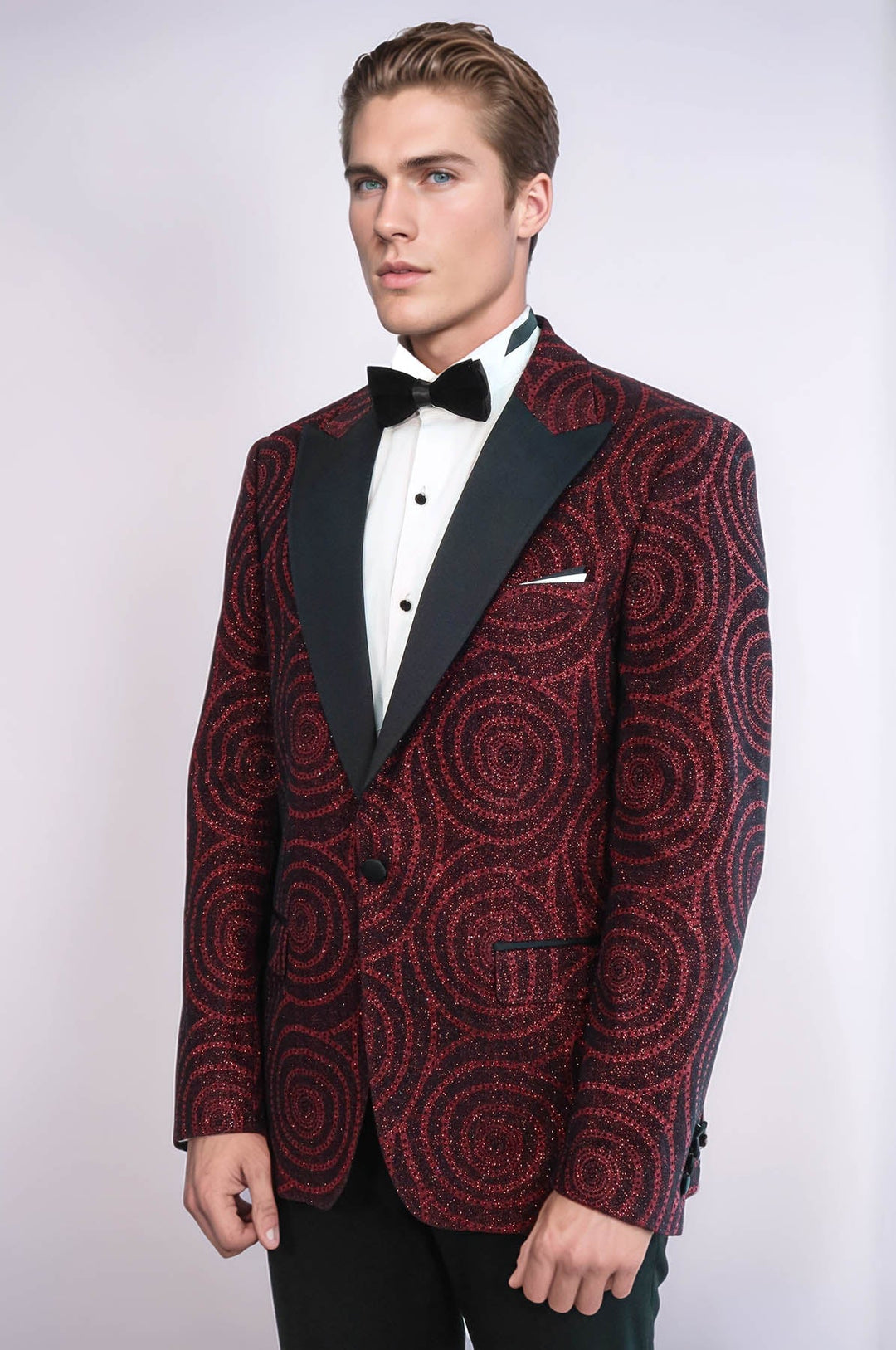 Blazer de fiesta para hombre entallado con solapa de pico y estampado Hypnose en color burdeos - Wessi