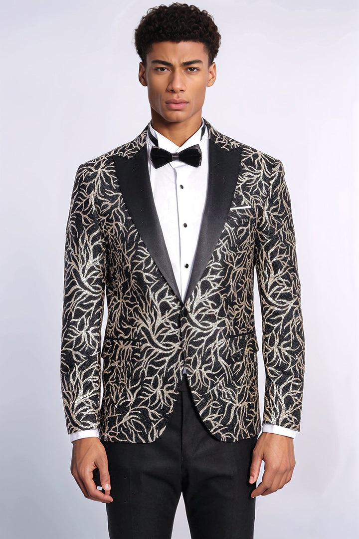 Blazer ajustado para fiesta de graduación para hombre, color negro, con estampado de hiedra brillante - Wessi