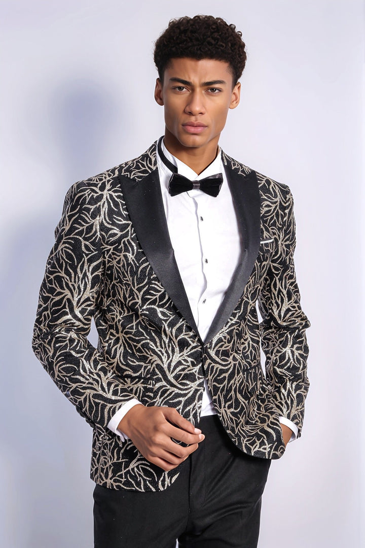 Blazer ajustado para fiesta de graduación para hombre, color negro, con estampado de hiedra brillante - Wessi