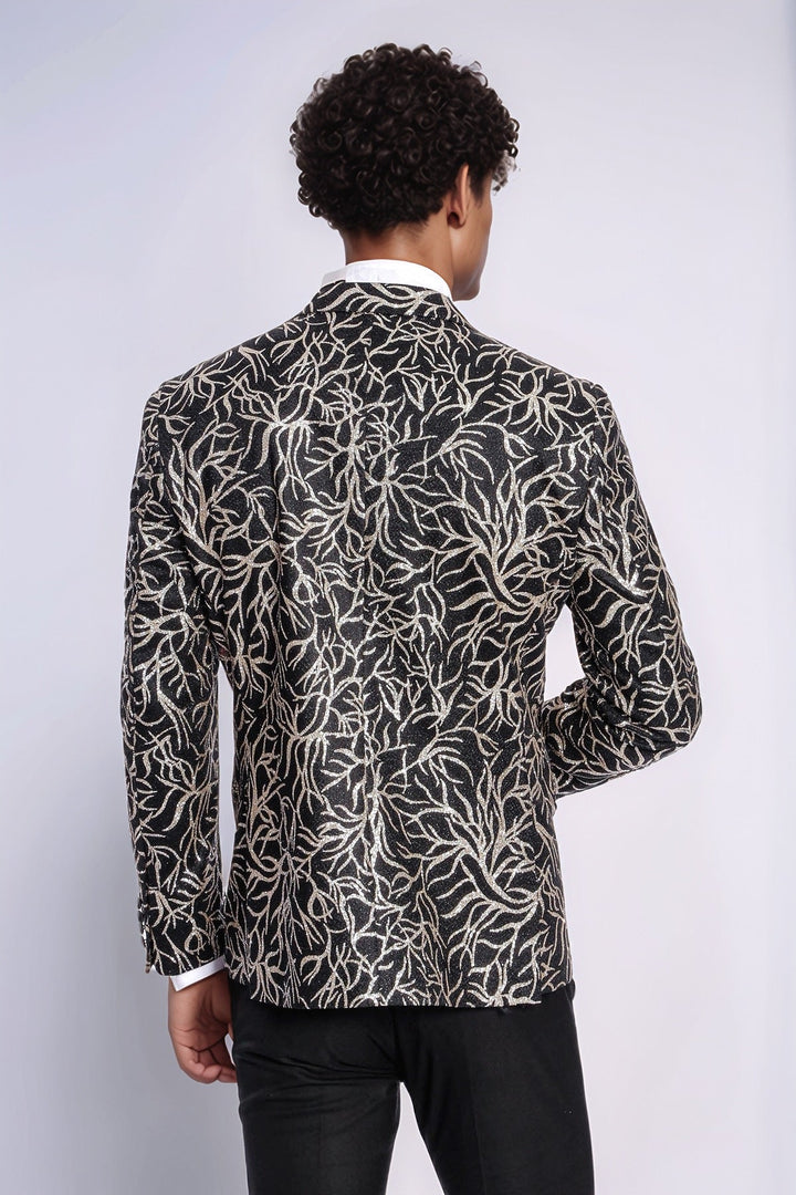 Blazer ajustado para fiesta de graduación para hombre, color negro, con estampado de hiedra brillante - Wessi