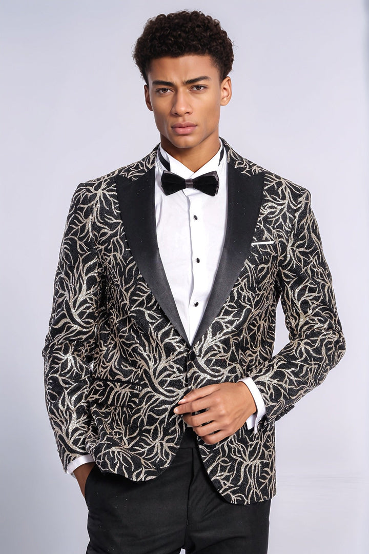 Blazer ajustado para fiesta de graduación para hombre, color negro, con estampado de hiedra brillante - Wessi