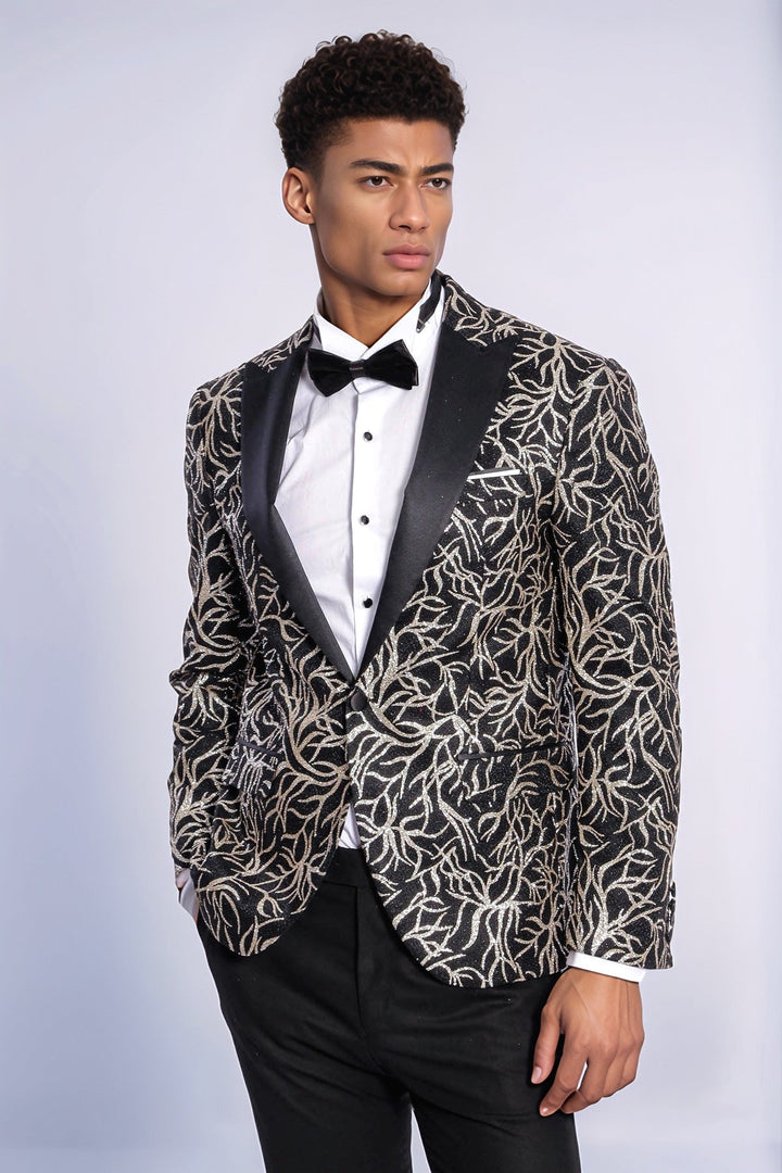 Blazer ajustado para fiesta de graduación para hombre, color negro, con estampado de hiedra brillante - Wessi