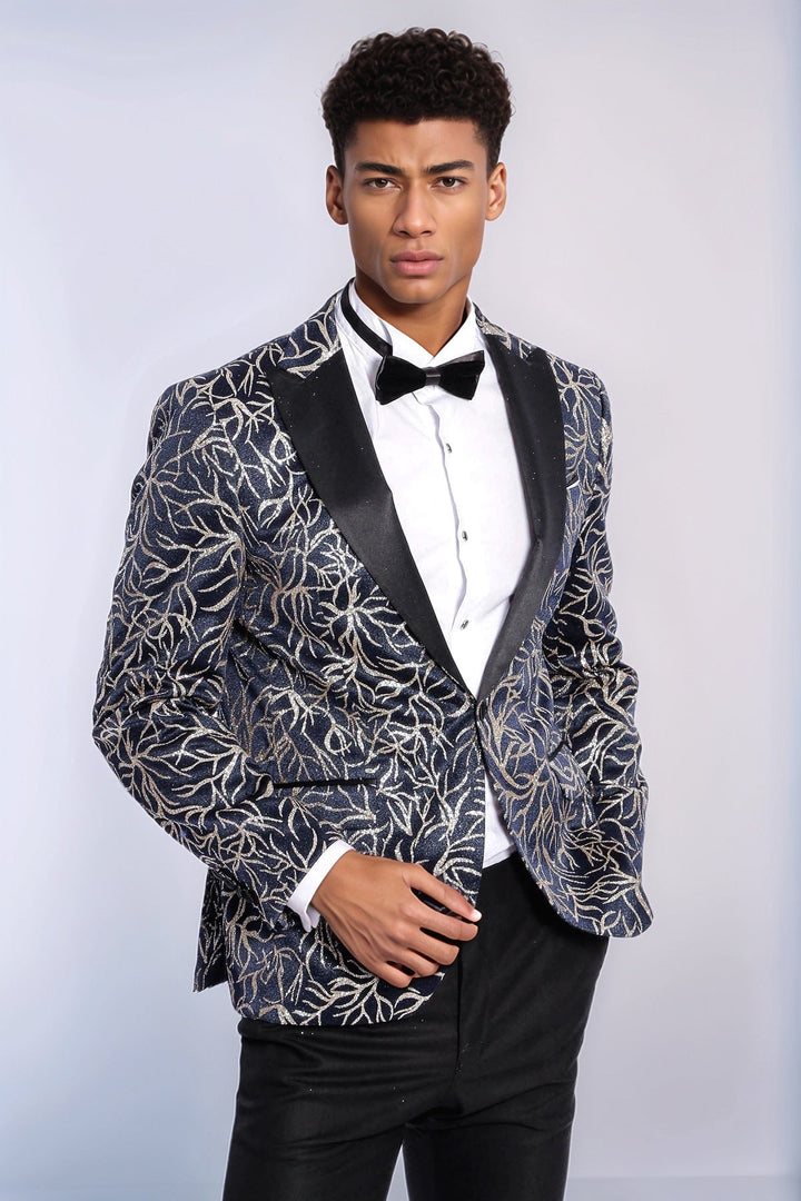 Blazer de fiesta ajustado para hombre en azul marino con estampado de hiedra brillante - Wessi