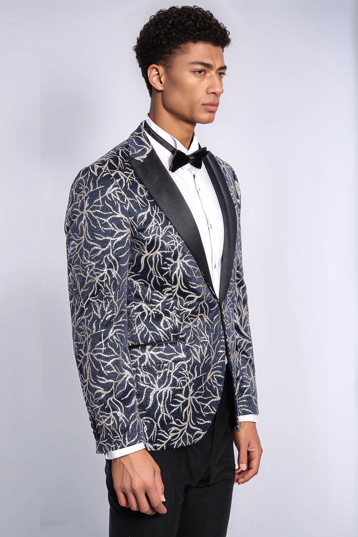 Blazer de fiesta ajustado para hombre en azul marino con estampado de hiedra brillante - Wessi