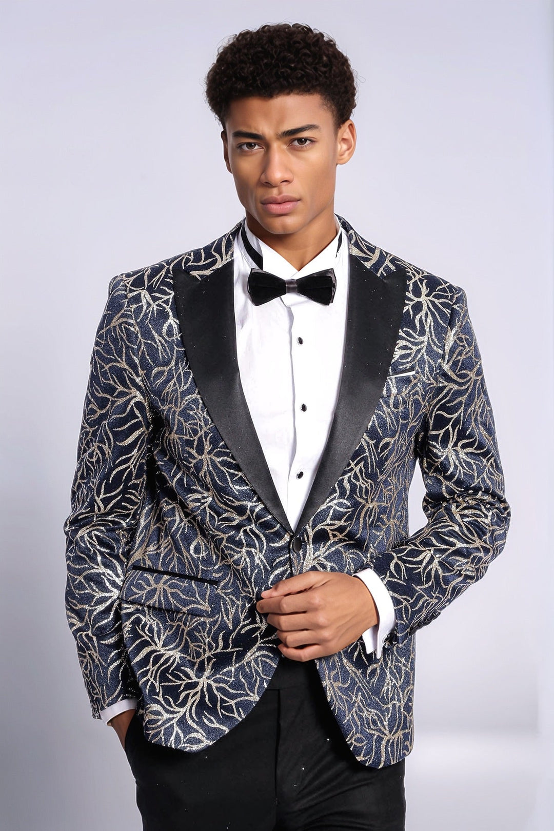 Blazer de fiesta ajustado para hombre en azul marino con estampado de hiedra brillante - Wessi