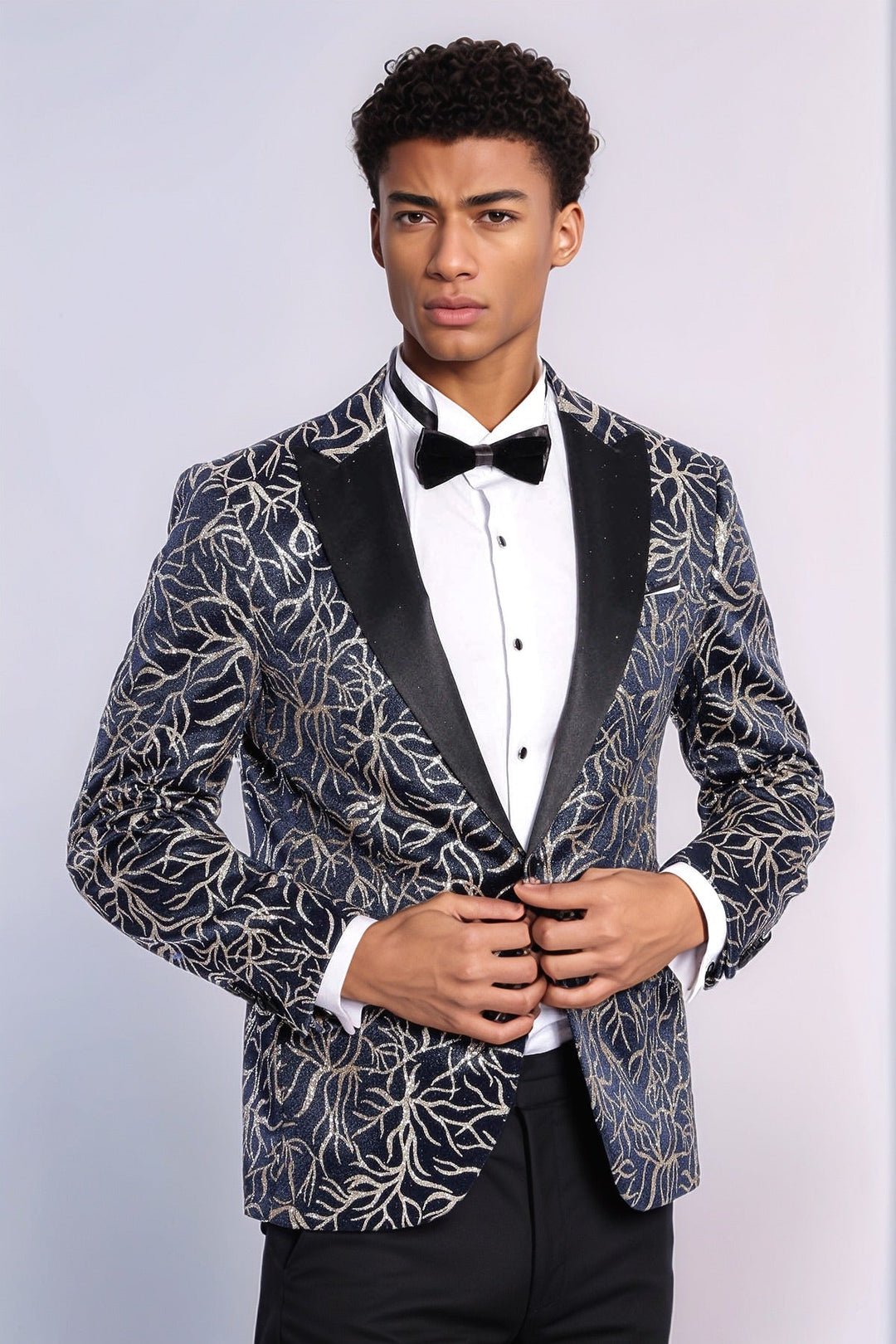 Blazer de fiesta ajustado para hombre en azul marino con estampado de hiedra brillante - Wessi