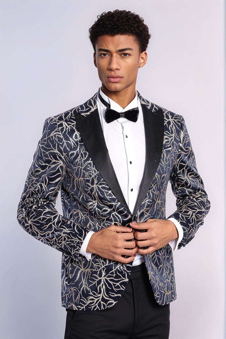 Blazer de fiesta ajustado para hombre en azul marino con estampado de hiedra brillante - Wessi