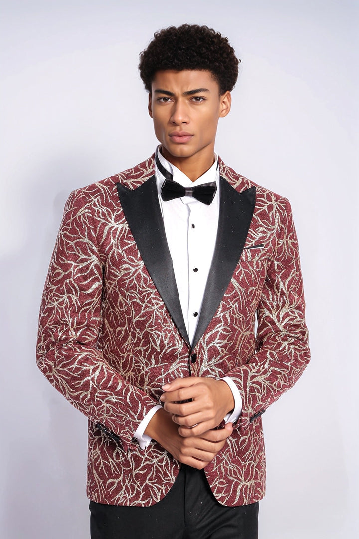 Blazer de fiesta ajustado para hombre en color burdeos con estampado de hiedra brillante - Wessi