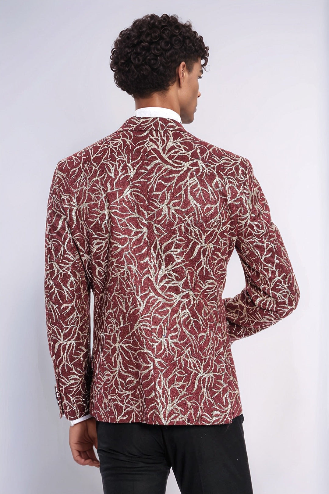 Blazer de fiesta ajustado para hombre en color burdeos con estampado de hiedra brillante - Wessi