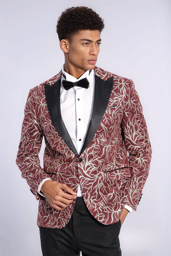 Blazer de fiesta ajustado para hombre en color burdeos con estampado de hiedra brillante - Wessi