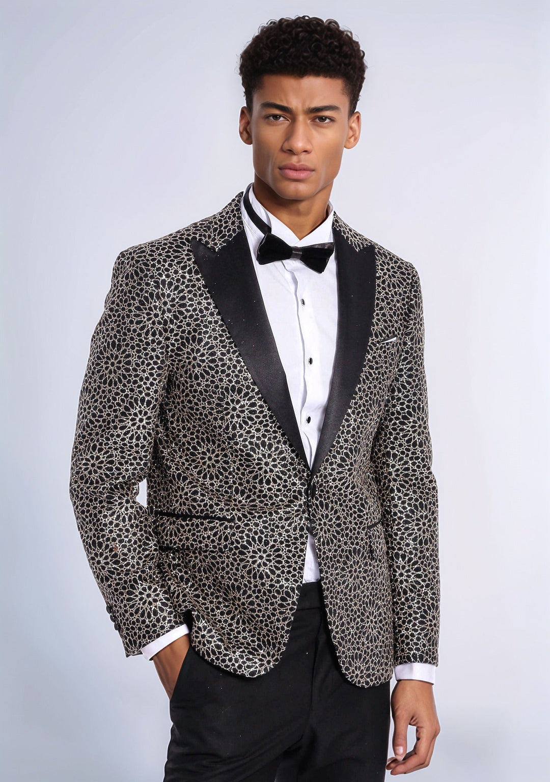 Flower Embroidered Pattern Black Men Prom Blazer - Wessi