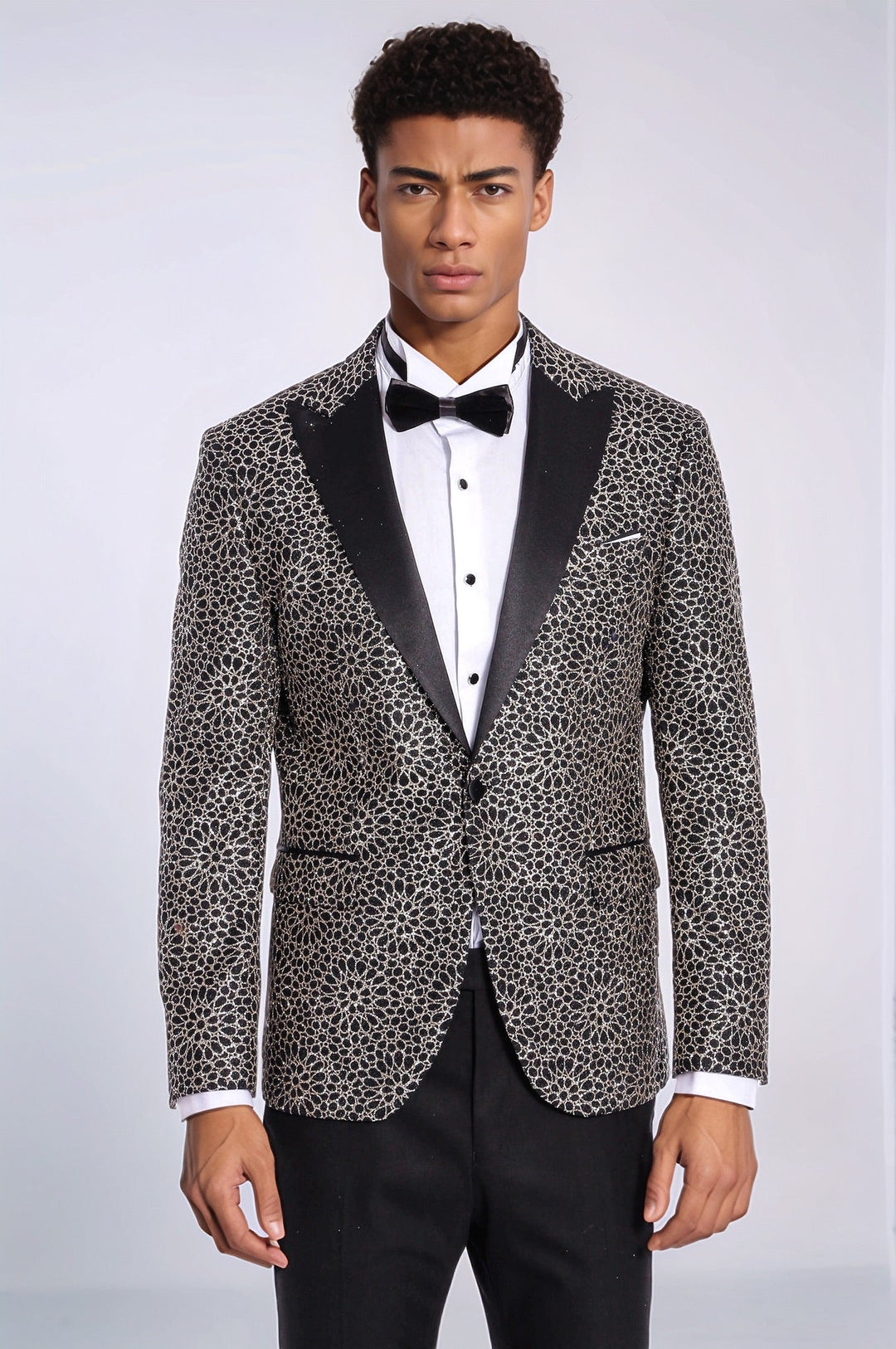 Flower Embroidered Pattern Black Men Prom Blazer - Wessi