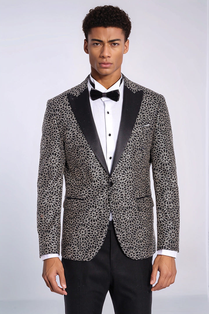 Flower Embroidered Pattern Black Men Prom Blazer - Wessi