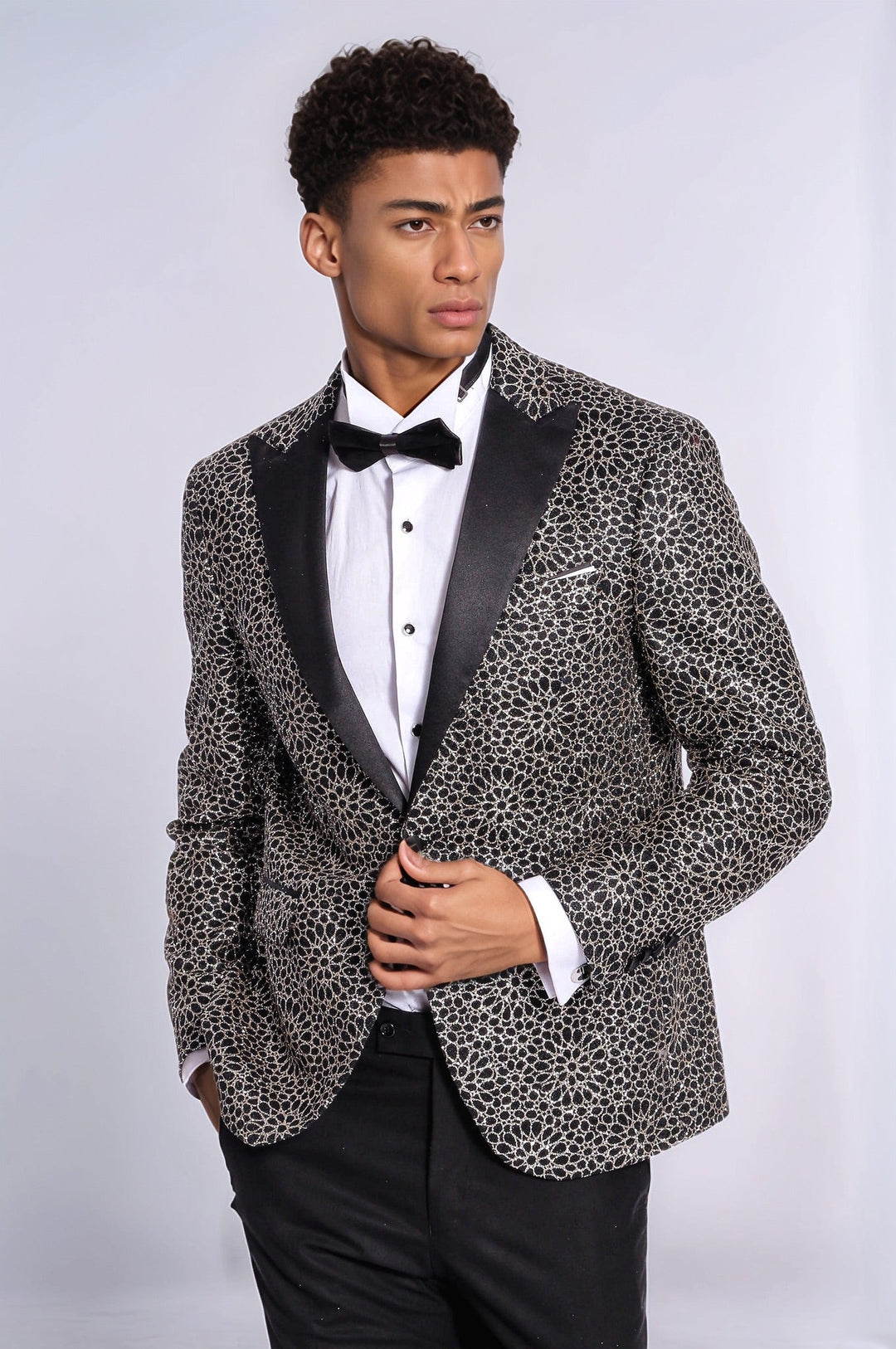 Flower Embroidered Pattern Black Men Prom Blazer - Wessi