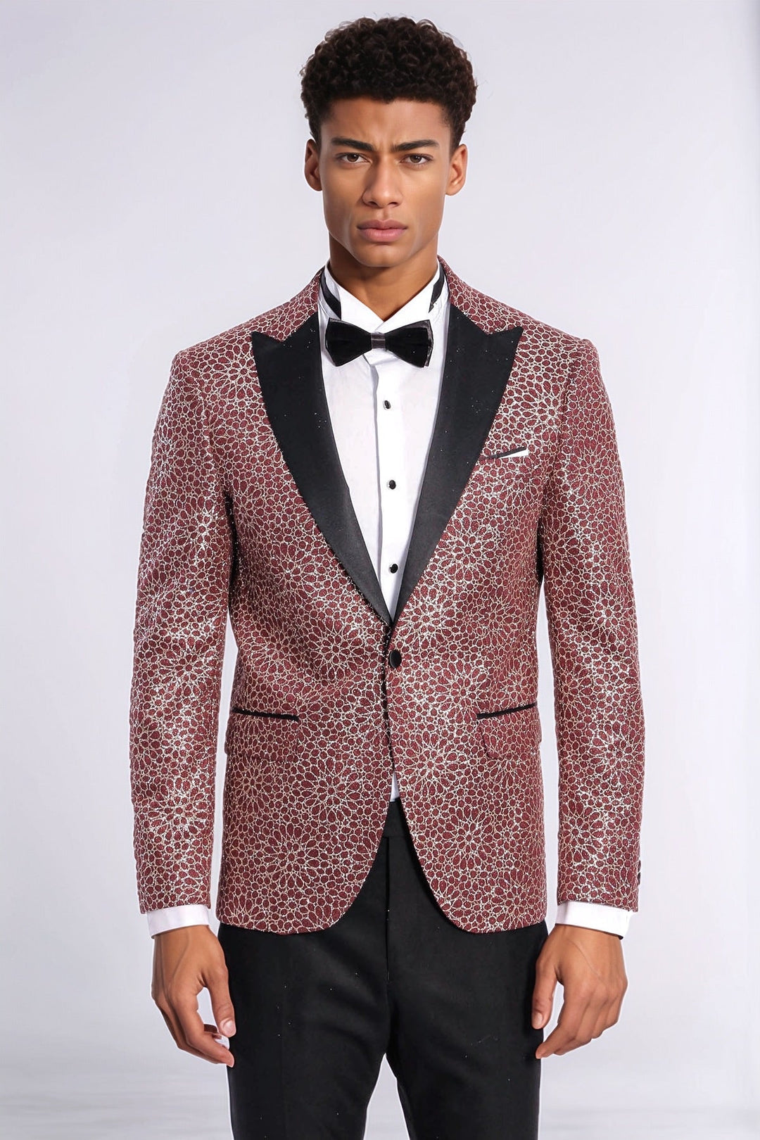 Blazer de fiesta para hombre color burdeos con estampado de flores bordadas - Wessi