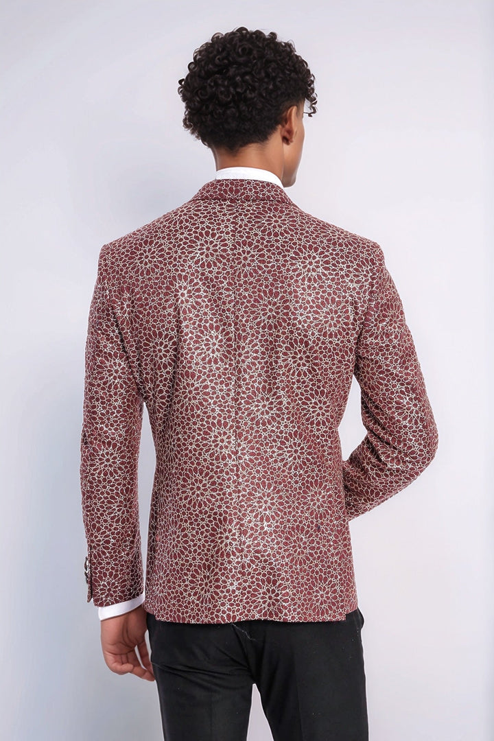 Blazer de fiesta para hombre color burdeos con estampado de flores bordadas - Wessi