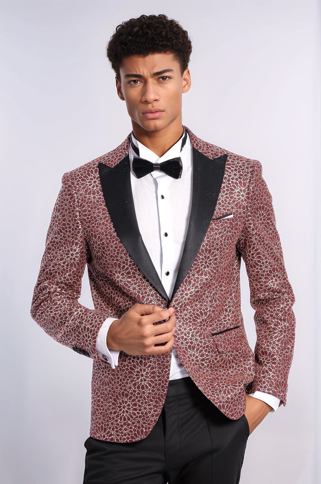 Blazer de fiesta para hombre color burdeos con estampado de flores bordadas - Wessi