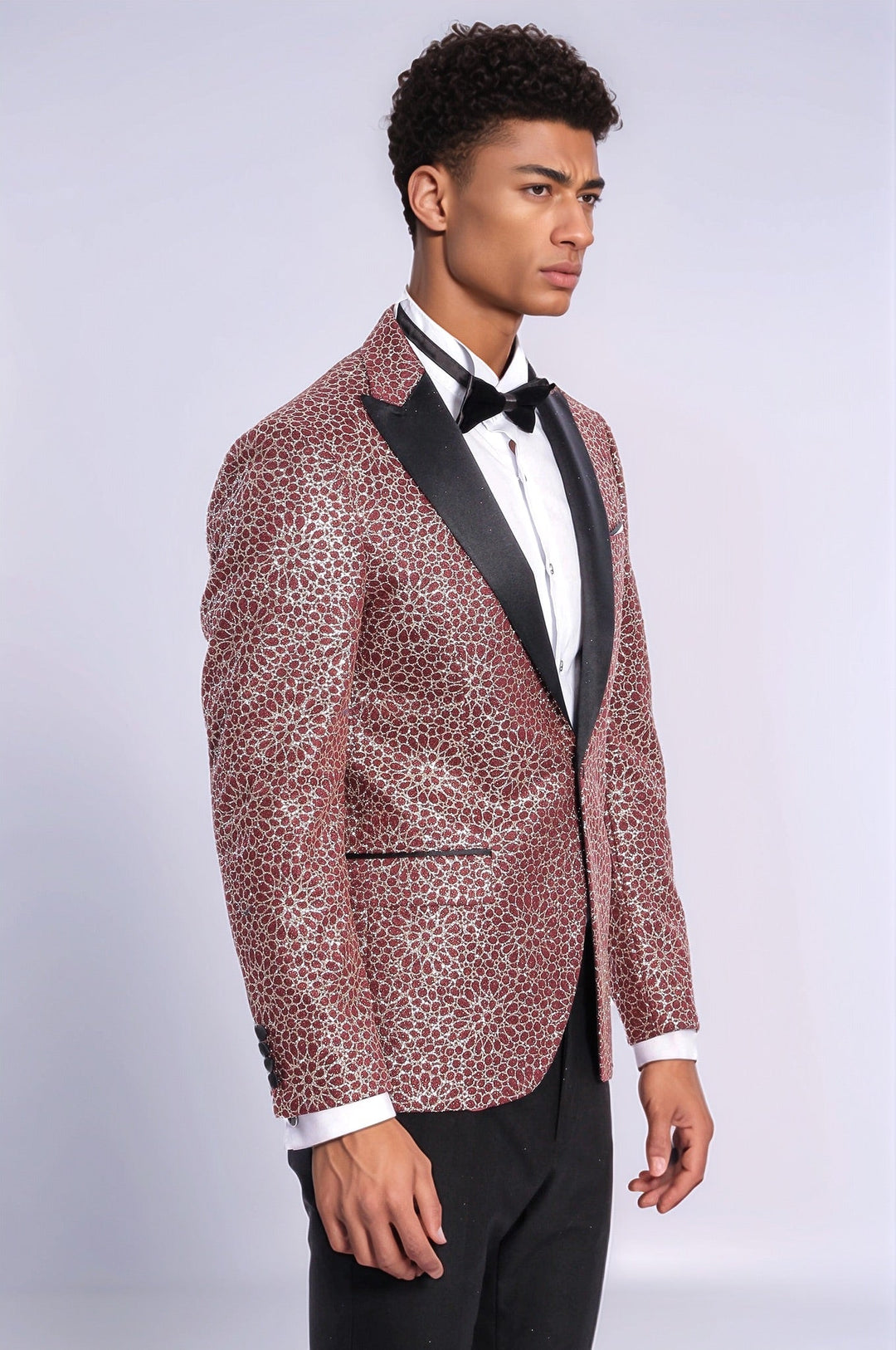 Blazer de fiesta para hombre color burdeos con estampado de flores bordadas - Wessi