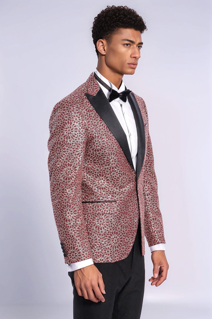 Blazer de fiesta para hombre color burdeos con estampado de flores bordadas - Wessi