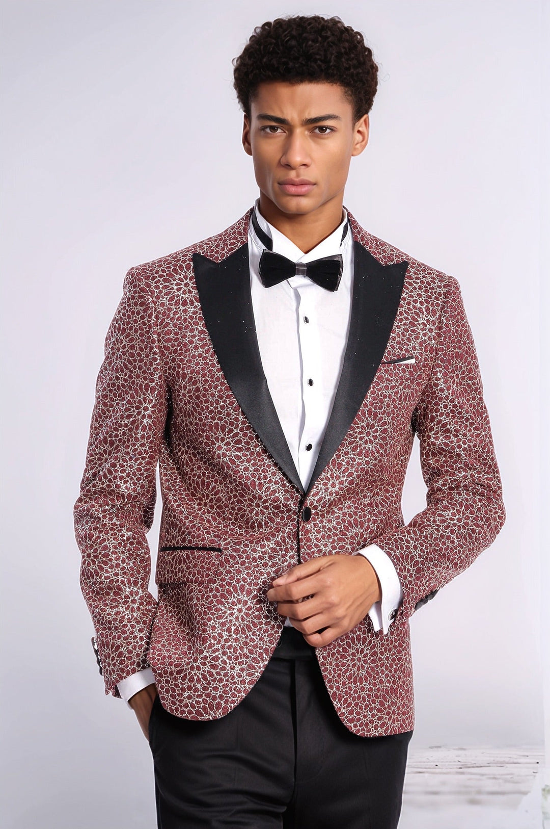 Blazer de fiesta para hombre color burdeos con estampado de flores bordadas - Wessi