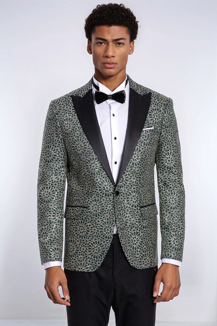 Blazer de fiesta para hombre con estampado de flores bordadas en verde - Wessi