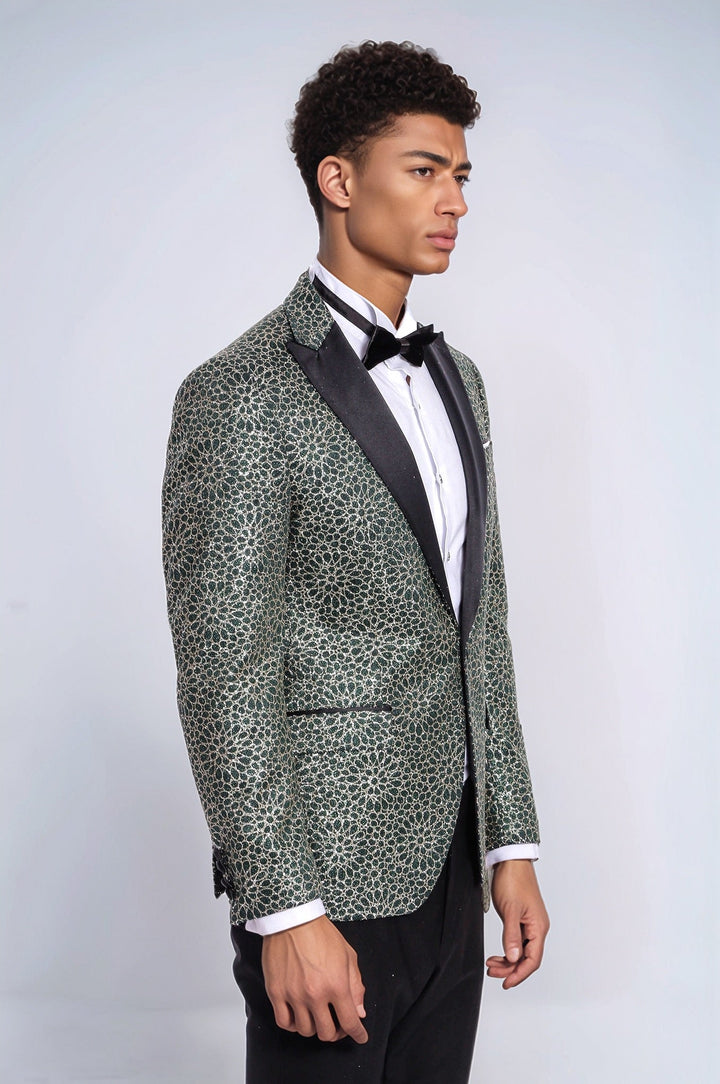 Blazer de fiesta para hombre con estampado de flores bordadas en verde - Wessi