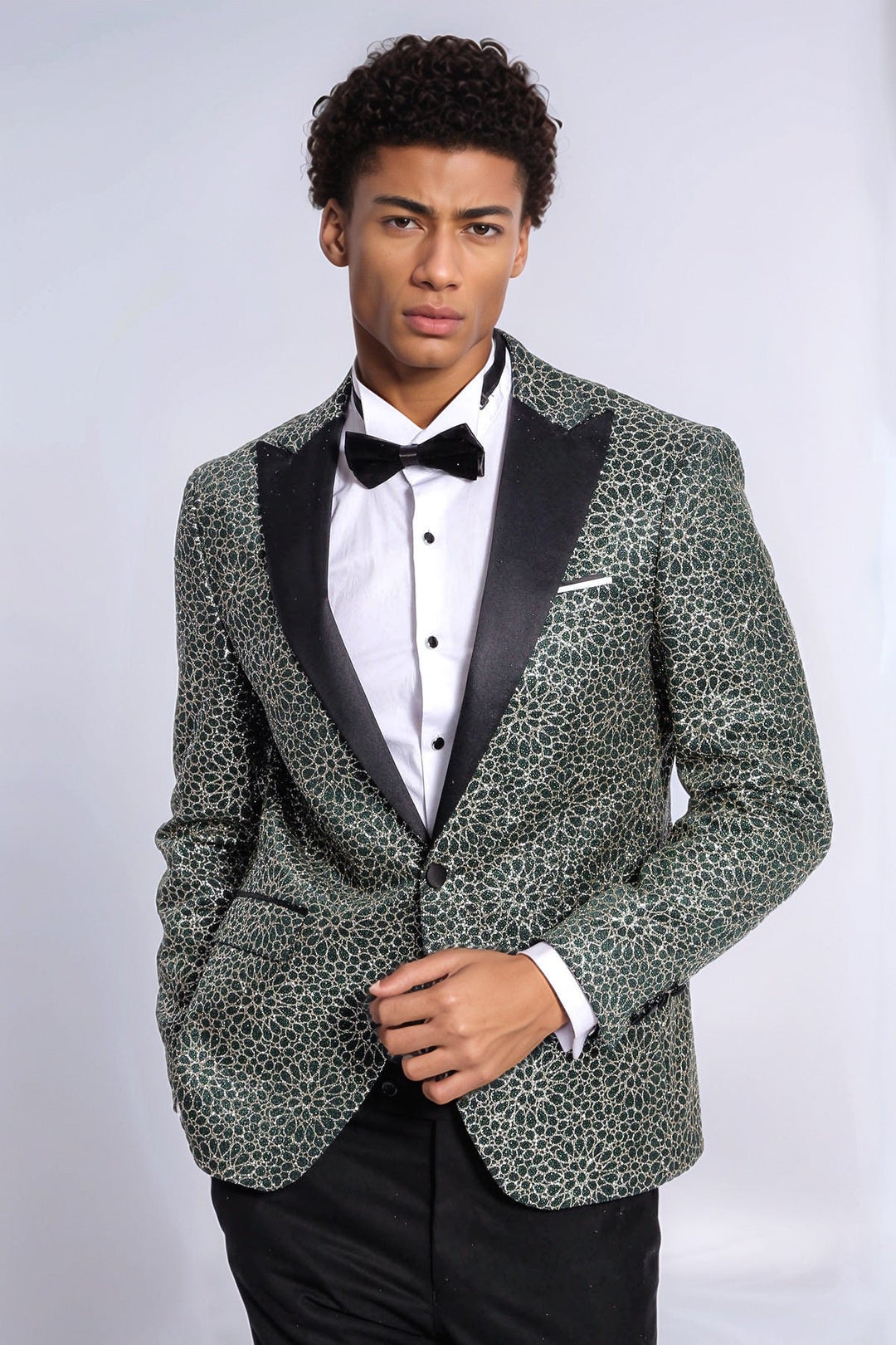 Blazer de fiesta para hombre con estampado de flores bordadas en verde - Wessi