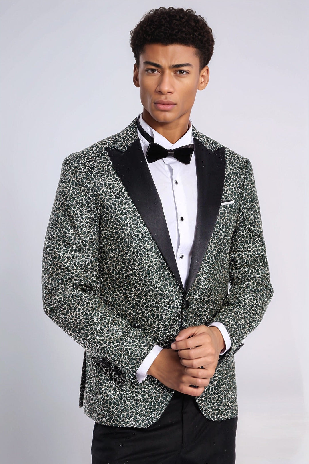 Blazer de fiesta para hombre con estampado de flores bordadas en verde - Wessi