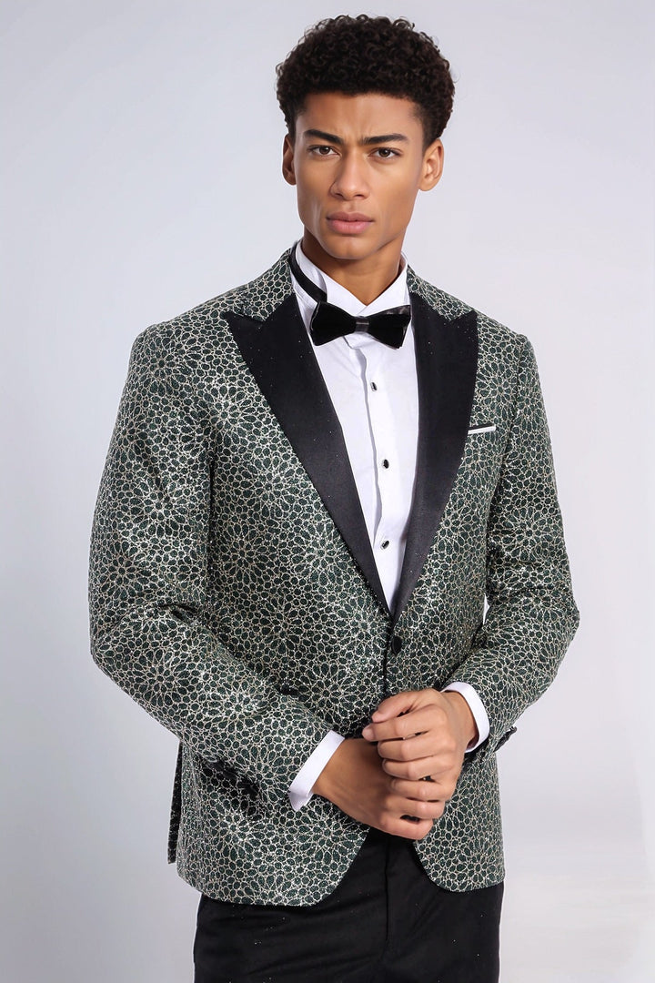 Blazer de fiesta para hombre con estampado de flores bordadas en verde - Wessi